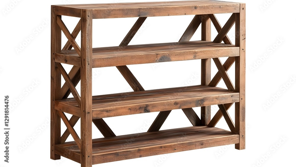 Poster a wooden shelf unit with four open shelves and a rustic design featuring an x-brace support structur