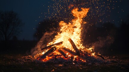 A blazing bonfire with high-reaching flames, embers floating into the night sky, creating a mesmerizing atmosphere