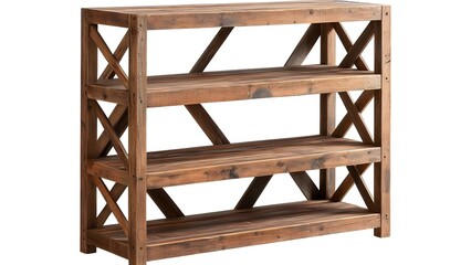 A wooden shelf unit with four open shelves and a rustic design featuring an X-brace support structure. Concept Rustic Wooden Shelf, Open Storage Solutions, X-Brace Design, Home Decor Essentials