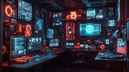 Obraz premium Analog computer room filled with neon screens and flashing lights, retrofuturistic vibes 