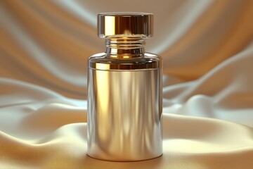 Naklejka premium Sleek metallic perfume bottle in 3D, golden cap, soft lit beige silk.