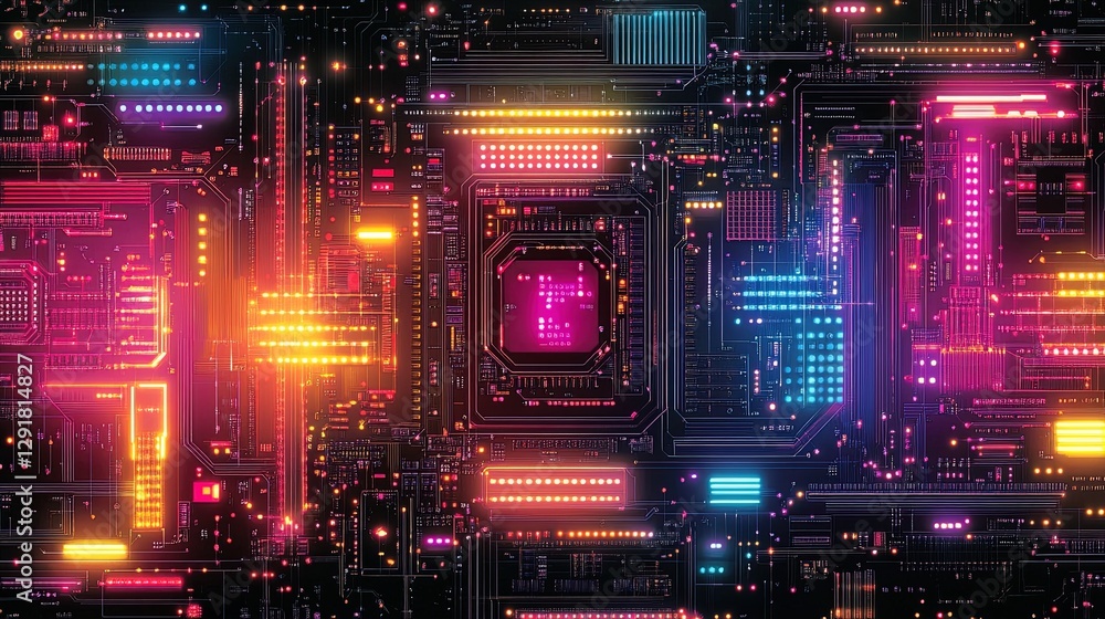 Aufkleber abstract view of a retro computer circuit board glowing with neon lights and vibrant colors