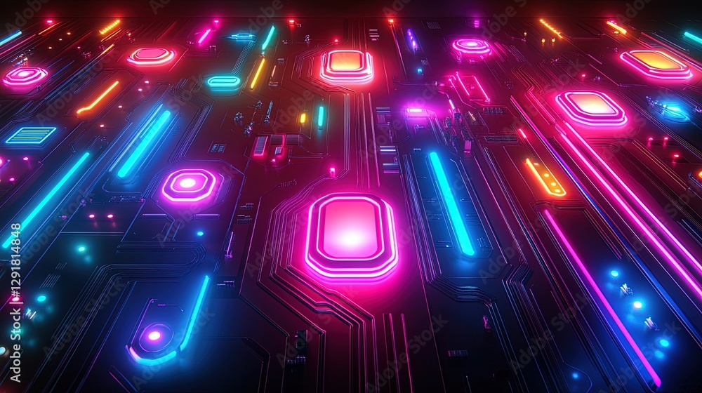 Aufkleber abstract view of a retro computer circuit board glowing with neon lights and vibrant colors