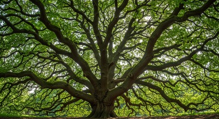 Majestic Old Oak Tree with Sprawling Branches and Green Foliage