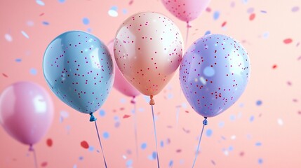 Pastel balloons with confetti on pink background.