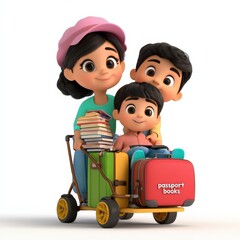 Cartoon Family with Luggage on a Cart