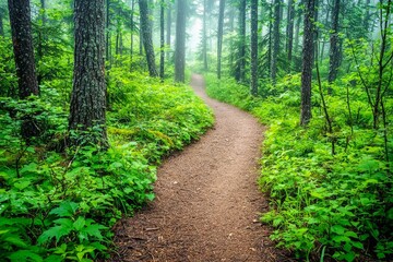 Obraz premium Lonely path through forest with mist, space for text.