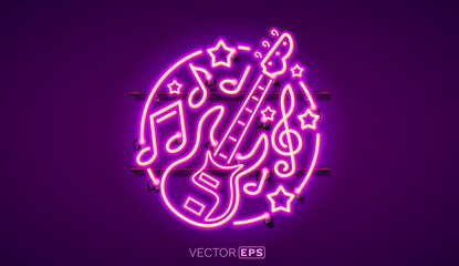 Music neon sign, live music in the bar. Vector illustration 