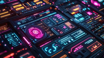 Obraz premium 1980s-inspired computer interface with bright neon colors and geometric icons