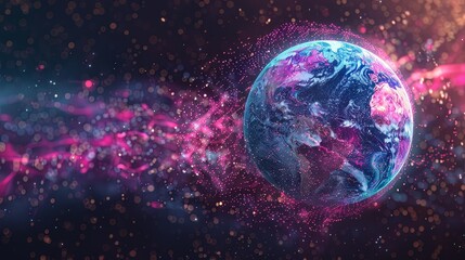 Colorful earth in cosmic space with glowing particles and bokeh effect