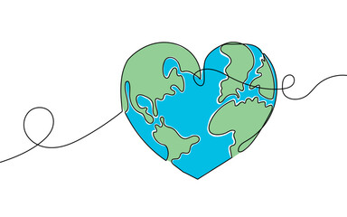 One Line Art of Heart Shaped Earth. Love for the Planet