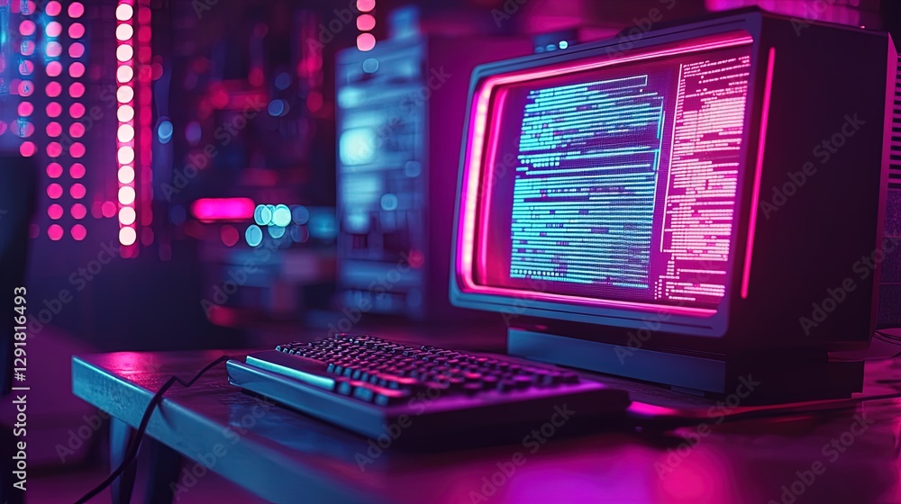 Poster 80s computer with neon-lit screens displaying futuristic graphics, nostalgic and high-tech