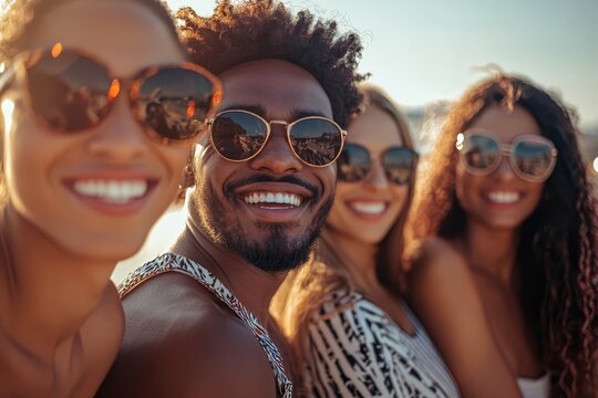 Diverse group of people smiling together, empty area.