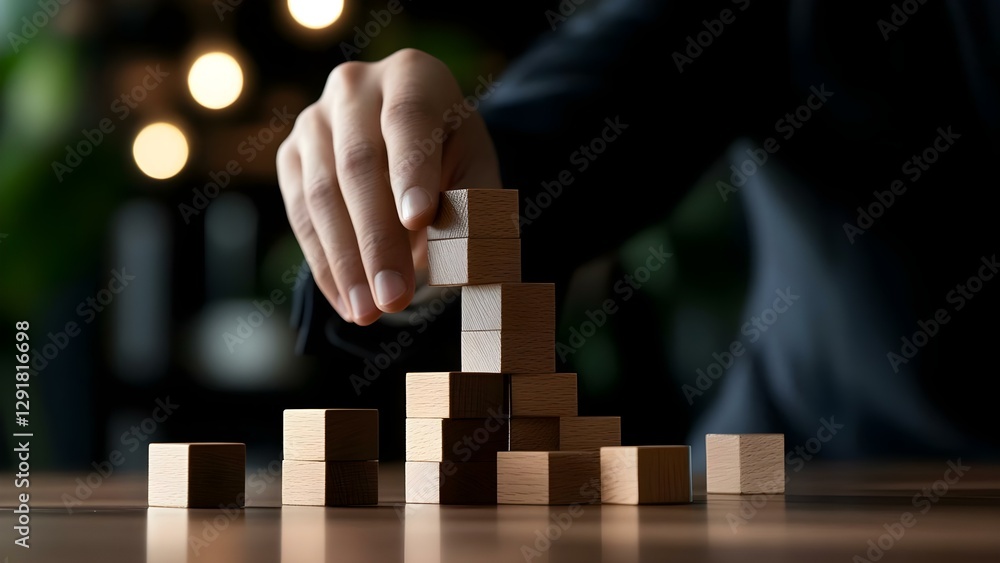 Poster a person is stacking wooden blocks on a table, creating a small pyramid structure. soft background l