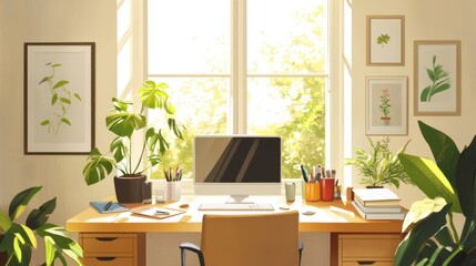 Fototapeta premium Bright Home Office with Desk, Computer, and Plants - Interior Scene