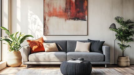 Beautiful Modern Living room Interior with furniture's ,mockup frame , posters, wall -3d Rendering