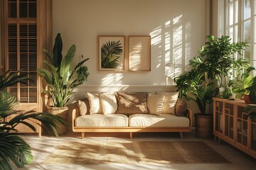 Fototapeta premium Beautiful Modern Living room Interior with furniture's ,mockup frame , posters, wall -3d Rendering