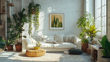 Fototapeta premium Beautiful Modern Living room Interior with furniture's ,mockup frame , posters, wall -3d Rendering