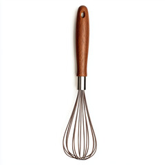 A High-Quality Stainless Steel Whisk with a Wooden Handle, Isolated on a White Background, Perfect for Cooking, Baking, and Kitchen Preparation