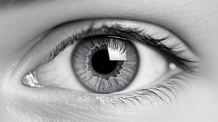 Close-up grayscale human eye, detailed iris, looking directly at camera