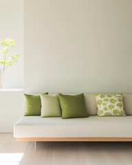 Cozy living room with green cushions and minimalistic decor
