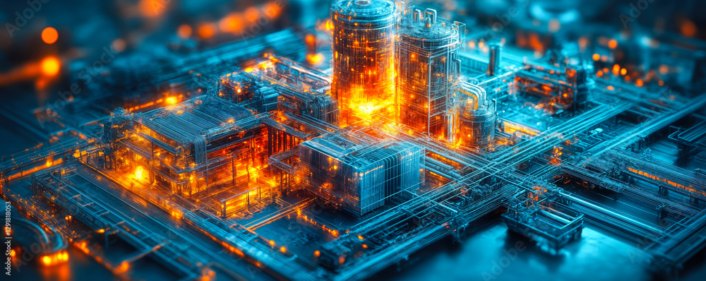 Poster detailed futuristic factory design model featuring energy infrastructure with highlighted sections