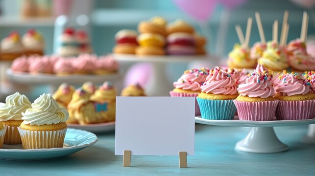 Colorful cupcake display with blank card for celebration or event invitations