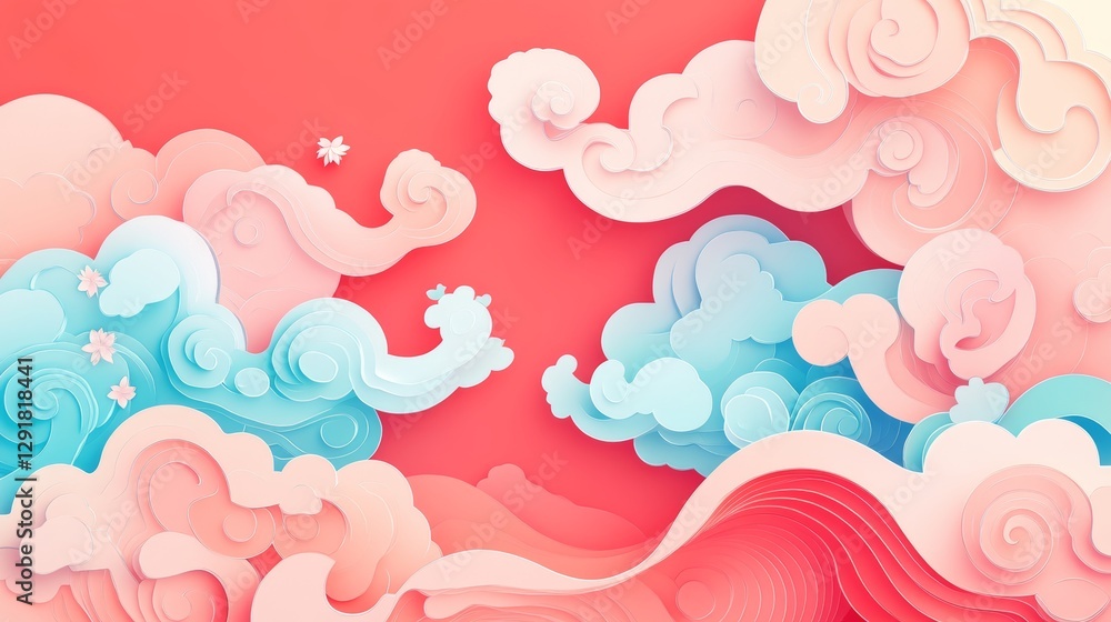 Poster colorful paper clouds against a vivid red background create a whimsical and playful atmosphere in a 