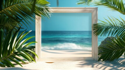 Framed View of Serene Beach With Clear Blue Water and Lush Greenery on a Sunny Day