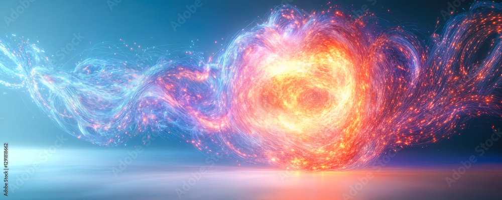 Poster dynamic fusion of energetic waves and swirls in fiery and cool tones representing chaos and motion i
