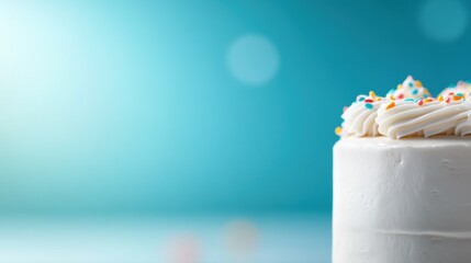 White cake with sprinkles and whipped cream on aqua blue background