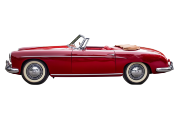  Vintage red convertible car isolated  on Transparent PNG format Background. 