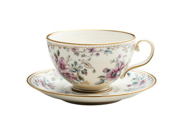  A beautiful vintage porcelain tea cup with a floral pattern, isolated on Transparent PNG format Background.