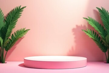 Obraz premium Pink Product Display Podium with Tropical Plants Background