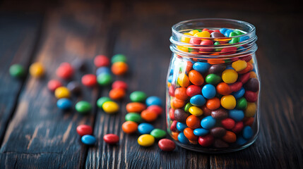 Colorful candy jar on dark wooden table bright