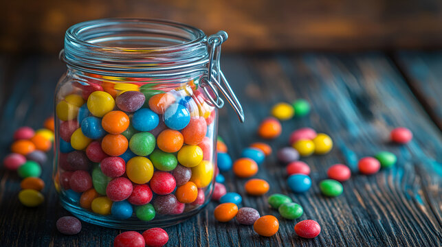 Colorful candy jar on dark wooden table bright