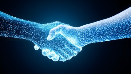 Digital representation of two hands shaking, symbolizing partnership and collaboration in a futuristic setting