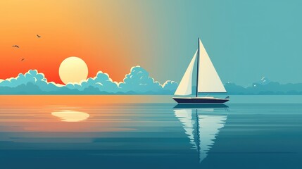 Fototapeta premium Serene Sunset with Sailboat on Calm Water in Tranquil Landscape