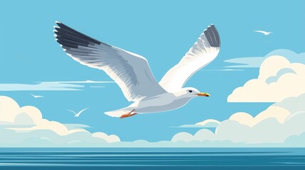 Obraz premium Seagull in Flight Over Calm Ocean with Blue Sky and Clouds