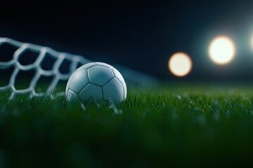 Naklejka premium Soccer ball on grass near net at night.