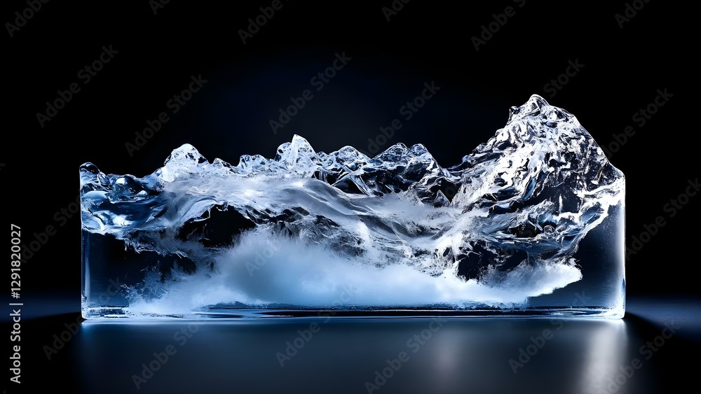 Poster a sculpted block of ice featuring intricate wave-like patterns and a textured, mountainous appearanc