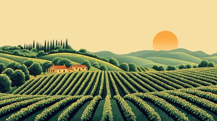Fototapeta premium Serene Vineyard Landscape at Sunset with Rolling Hills and Trees