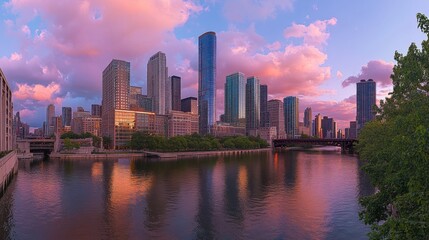 Obraz premium Urban skyline at dusk with colorful sky and reflections on river