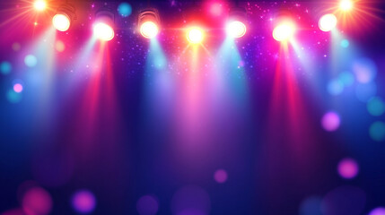 Vibrant stage lights illuminating the empty performance space.