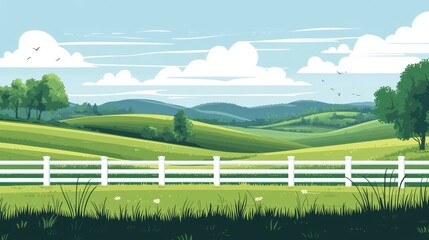 Fototapeta premium Lush Green Hills Under Bright Sky with White Fence and Trees