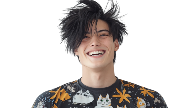 Png of Cheerful Young Man with Messy Hair Wearing Colorful Cat-Print Shirt on transparent background.