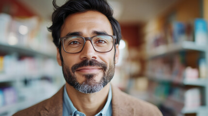 Fototapeta premium Professional male pharmacist wearing glasses, smiling confidently while standing in pharmacy amid medication shelves