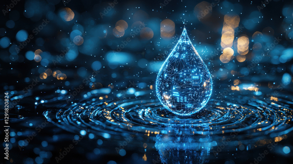 Aufkleber conceptual representation of a water droplet containing intricate data structures in a surreal, futu