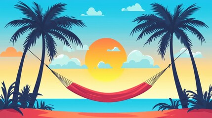Obraz premium Tranquil Beach Scene with Hammock Under Palm Trees at Sunset