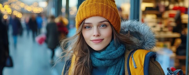 A shopper anxiously waiting outside a store at dawn on Black Friday, bundled up in a coat, the thrill of anticipation in their eyes